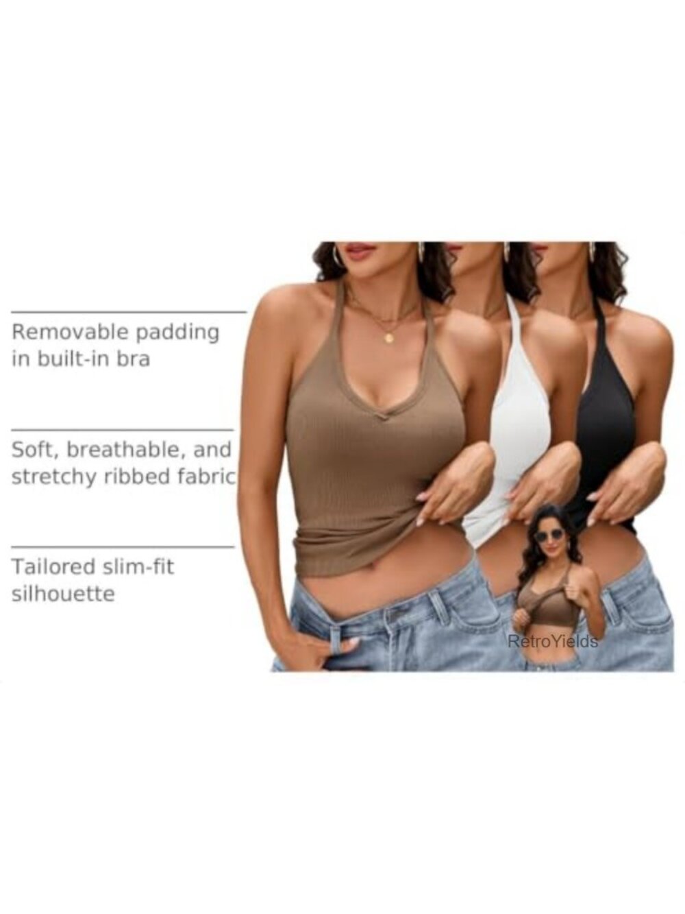 3 Pack Ribbed Racerback Tank Tops Built in Bra Removable Pads - Picture 3 of 6